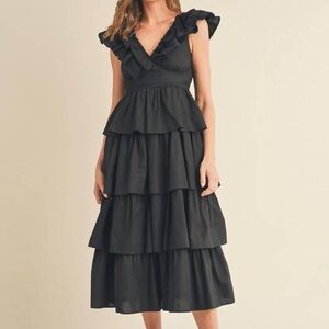 &merci Black Ruffle Tiered Midi Black Dress | Size M| Fully Lined Cotton| NWT